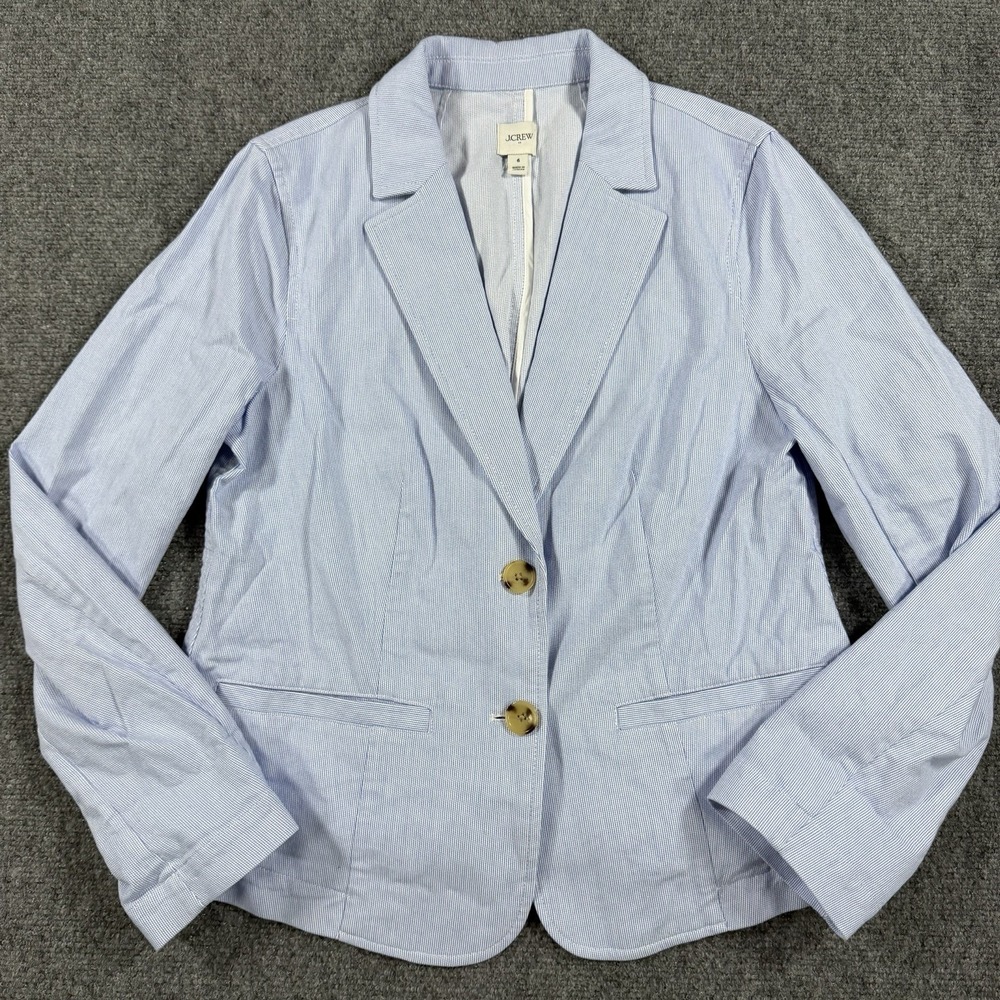 J Crew Blazer Womens 6 Blue White Striped Cotton Stretch Unlined Preppy